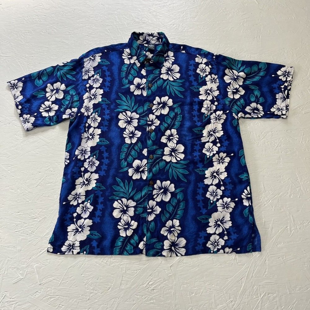 Hibiscus Shirt Mens Blue Floral Button Up Short Sleeve Hawaiian Aloha Rayon